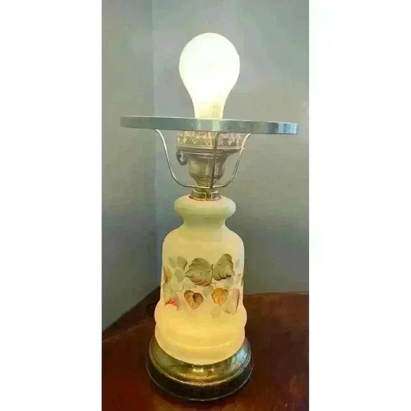 Vintage Hurricane Lamp GWTW Frosted Glass with Green Brown Leaves 3 way No Shade - Picture 1 of 5